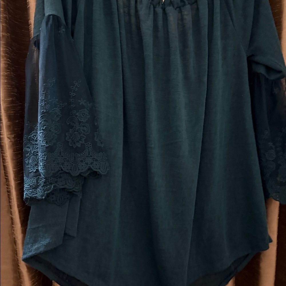 Teal Ruffled Neck Blouse - Picture 7 of 8